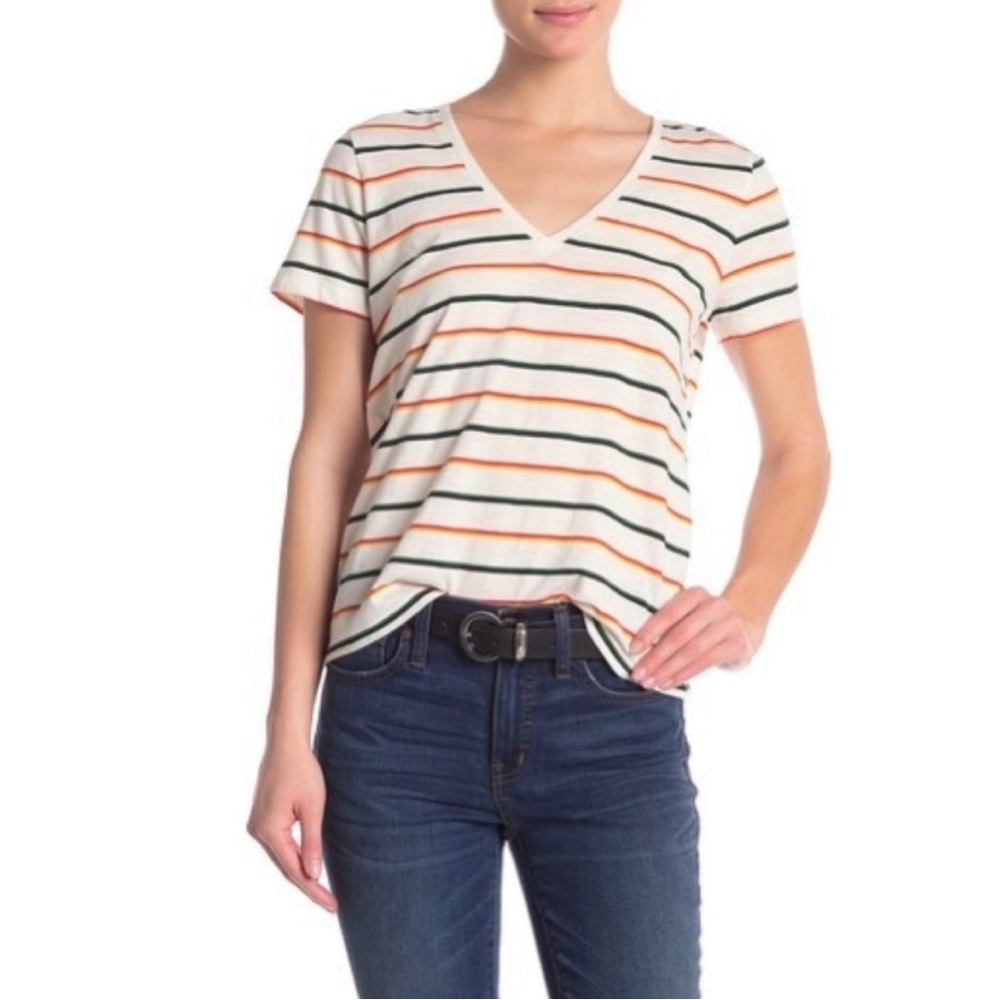 Madewell Women’s V-Neck Short Sleeve Rainbow Stripe T-Shirt, White Size XS